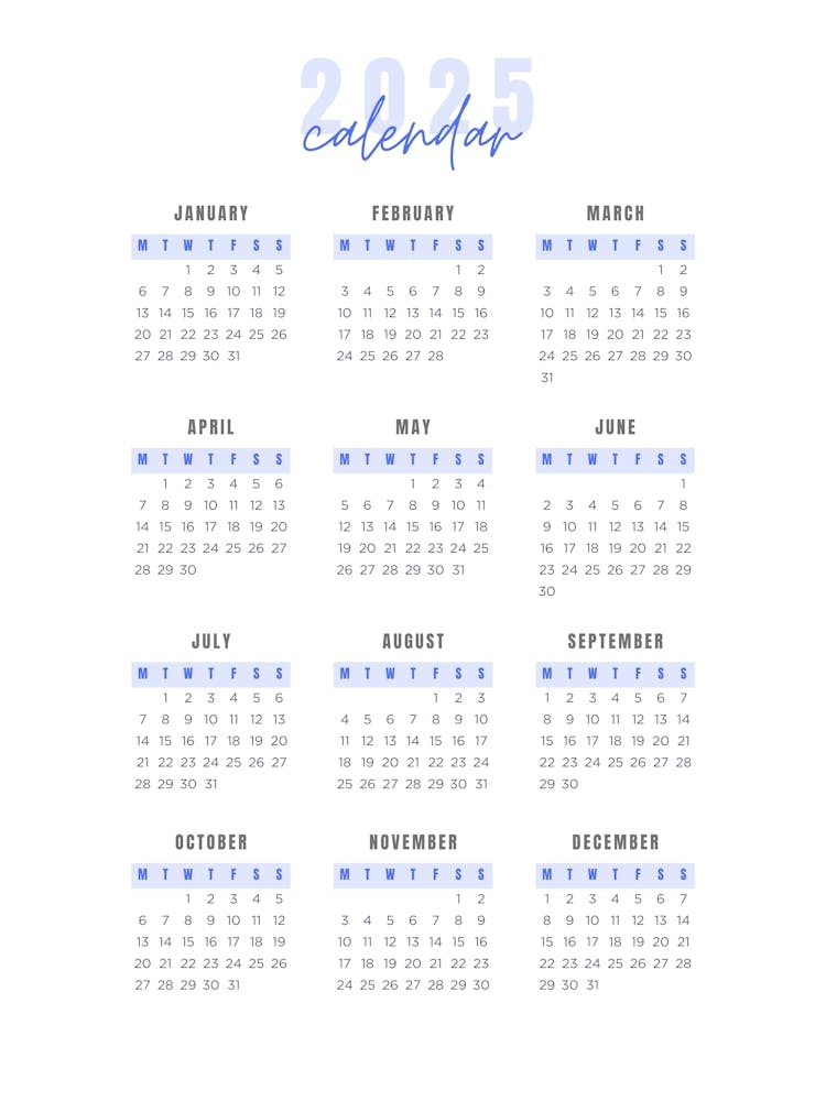 Calendar For The Year 2025