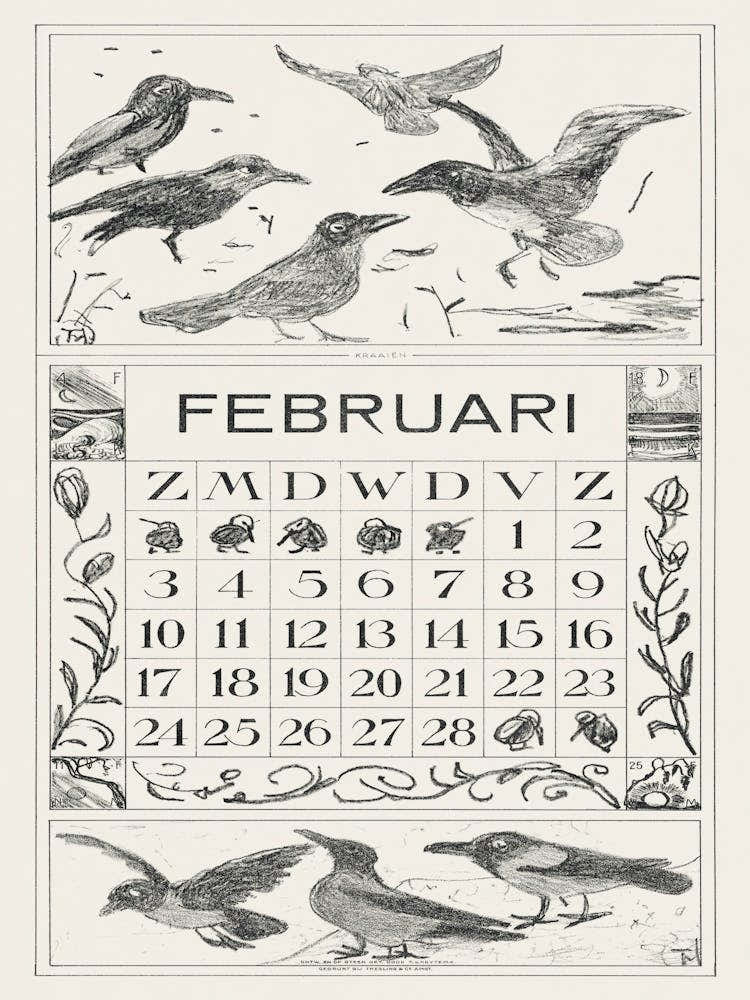 January Calendar Sheet With Ruffed Redstart (1917), Theo Van Hoytema