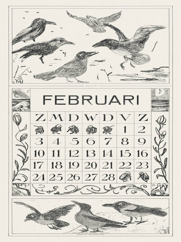 January Calendar Sheet With Ruffed Redstart (1917), Theo Van Hoytema