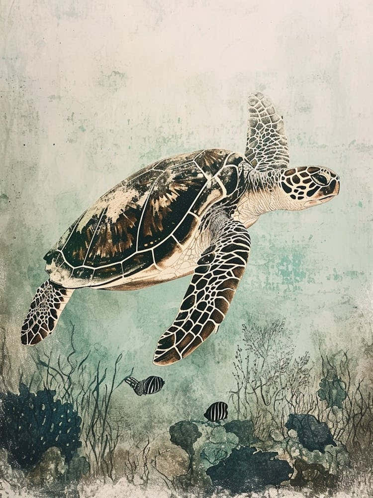 Vintage Illustration Of A Turtle Exploring The Ocean