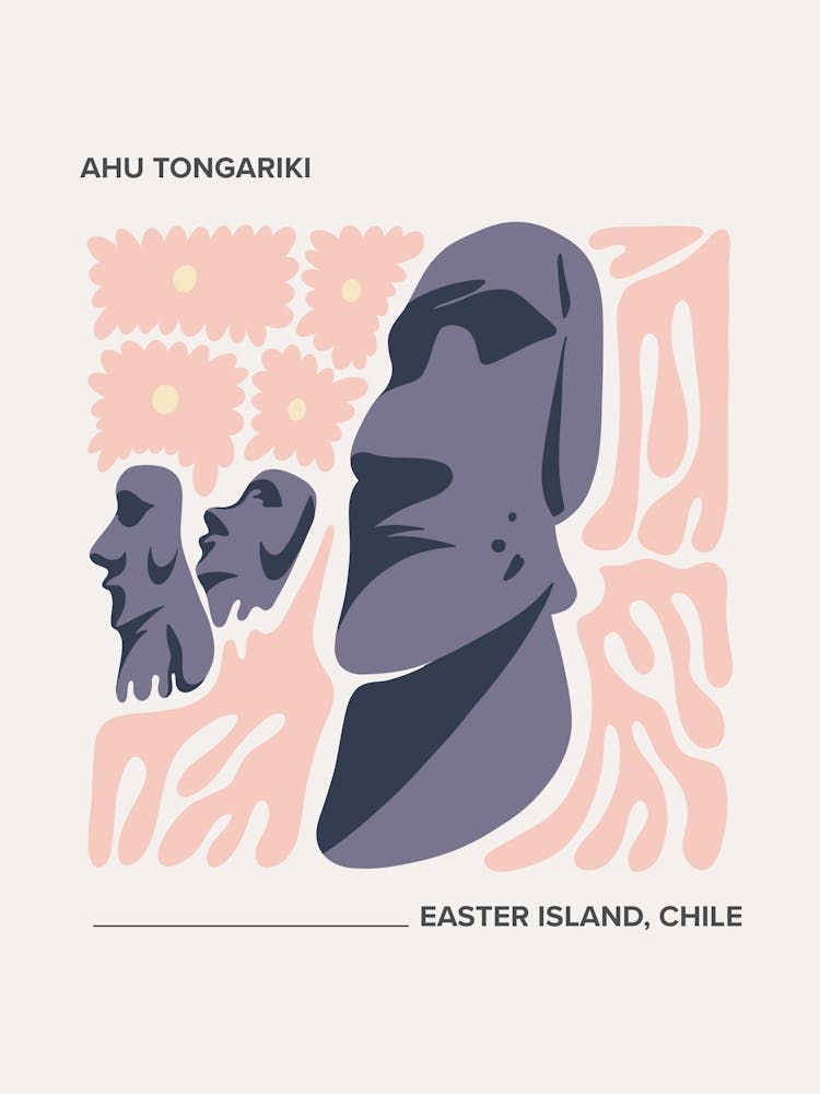 Ahu Tongariki   Easter Island, Chile, Warm Colours Illustration Travel Poster 2