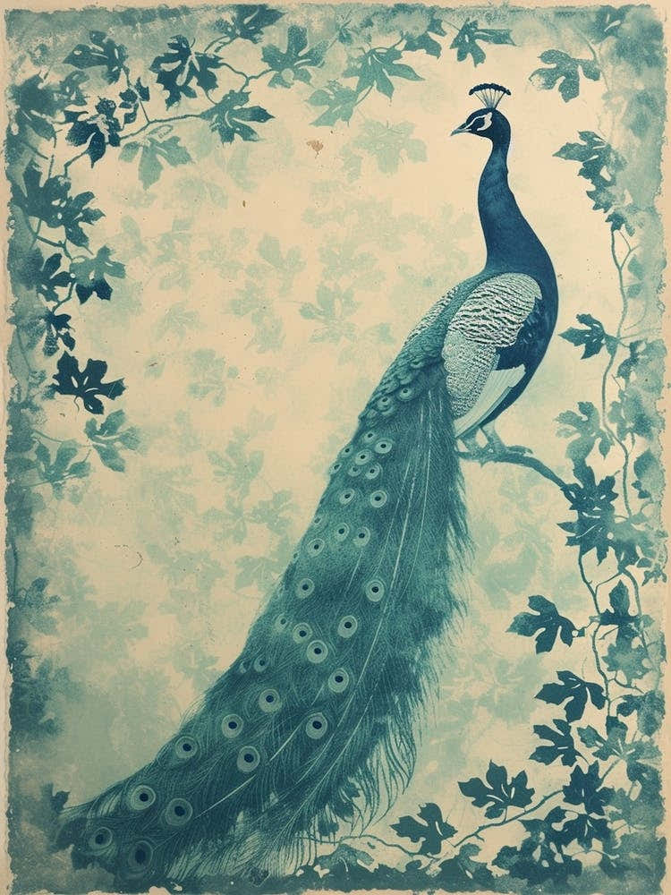 Vintage Peacock & Ivy Cyanotype Inspired Turquoise 2