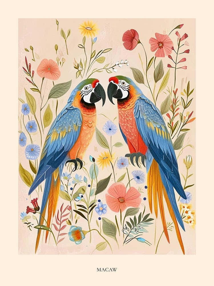 Folksy Floral Animal Drawing Macaw 4 Poster