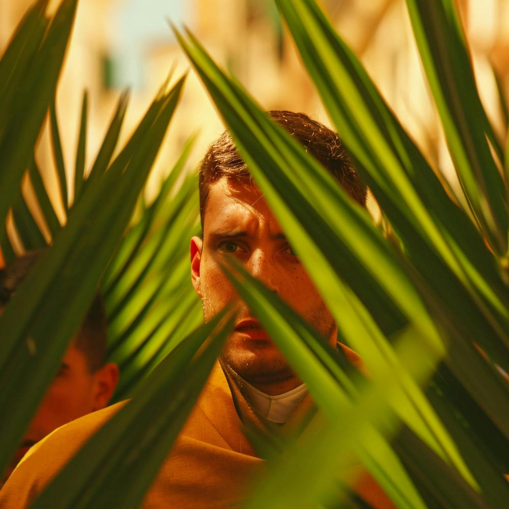 Man In Front Of Palm Leaves