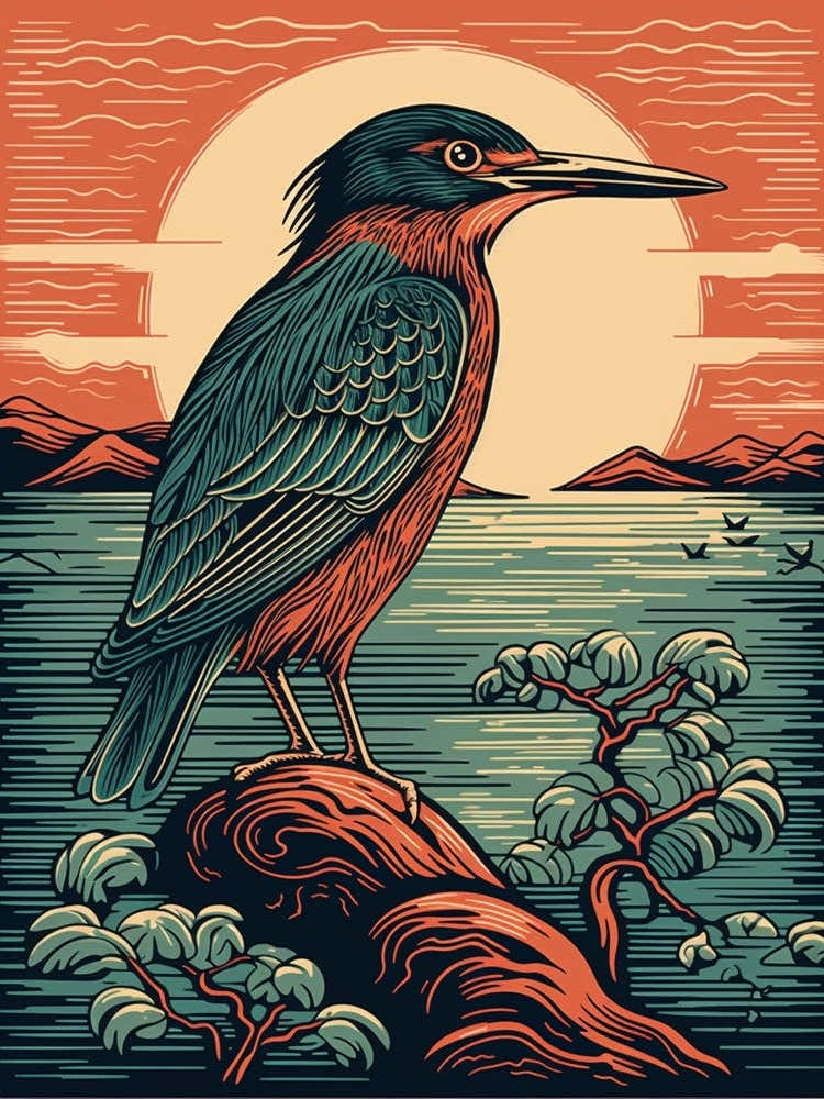Vintage Bird Linocut Green Heron 3