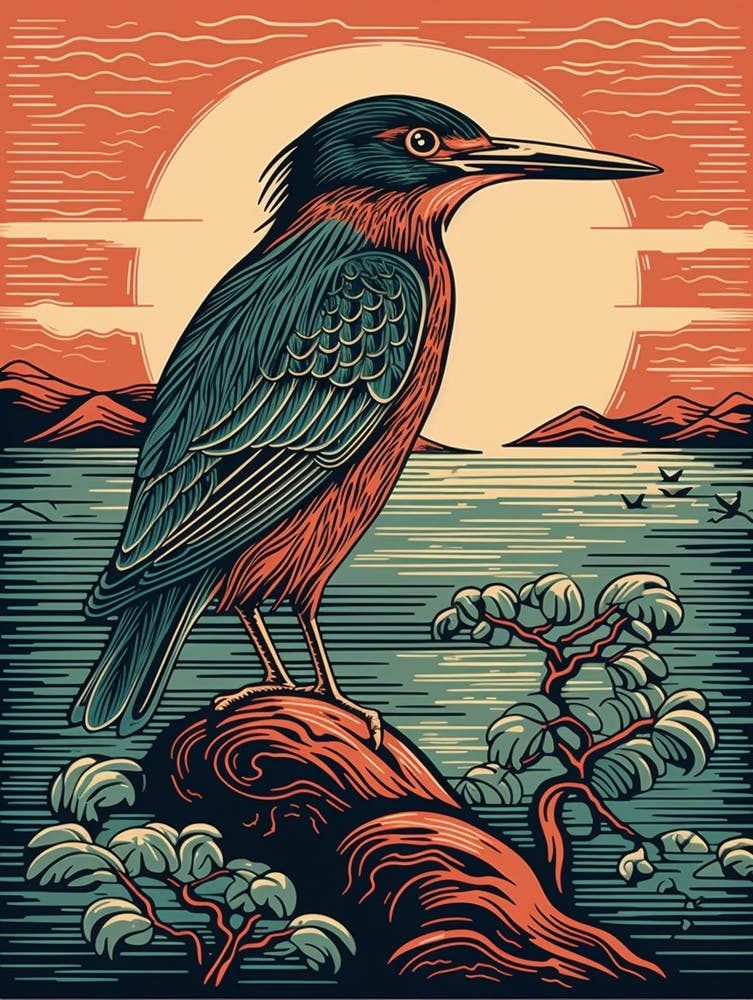 Vintage Bird Linocut Green Heron 3