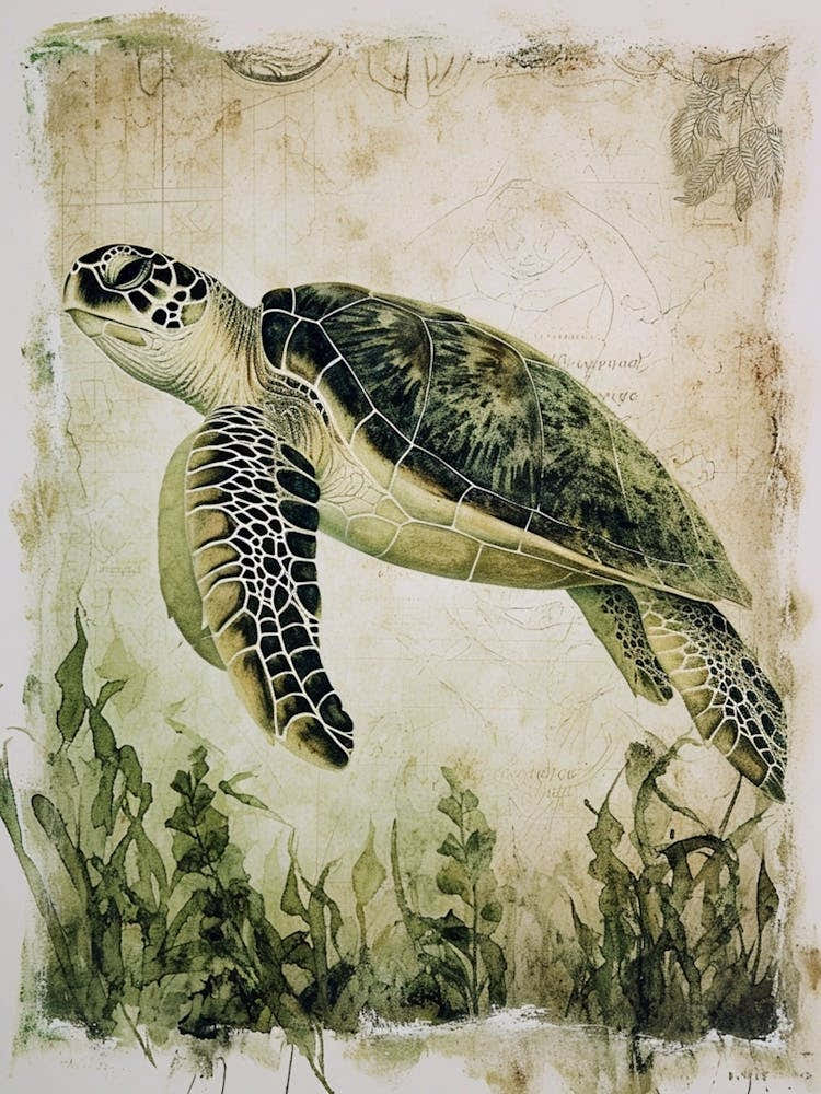 Vintage Sea Turtle In The Seaweed 3