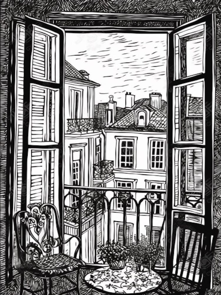 Window View Of Lisbon Portugal   Black And White Colouring Pages Line Art 3