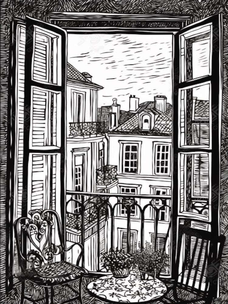Window View Of Lisbon Portugal   Black And White Colouring Pages Line Art 3