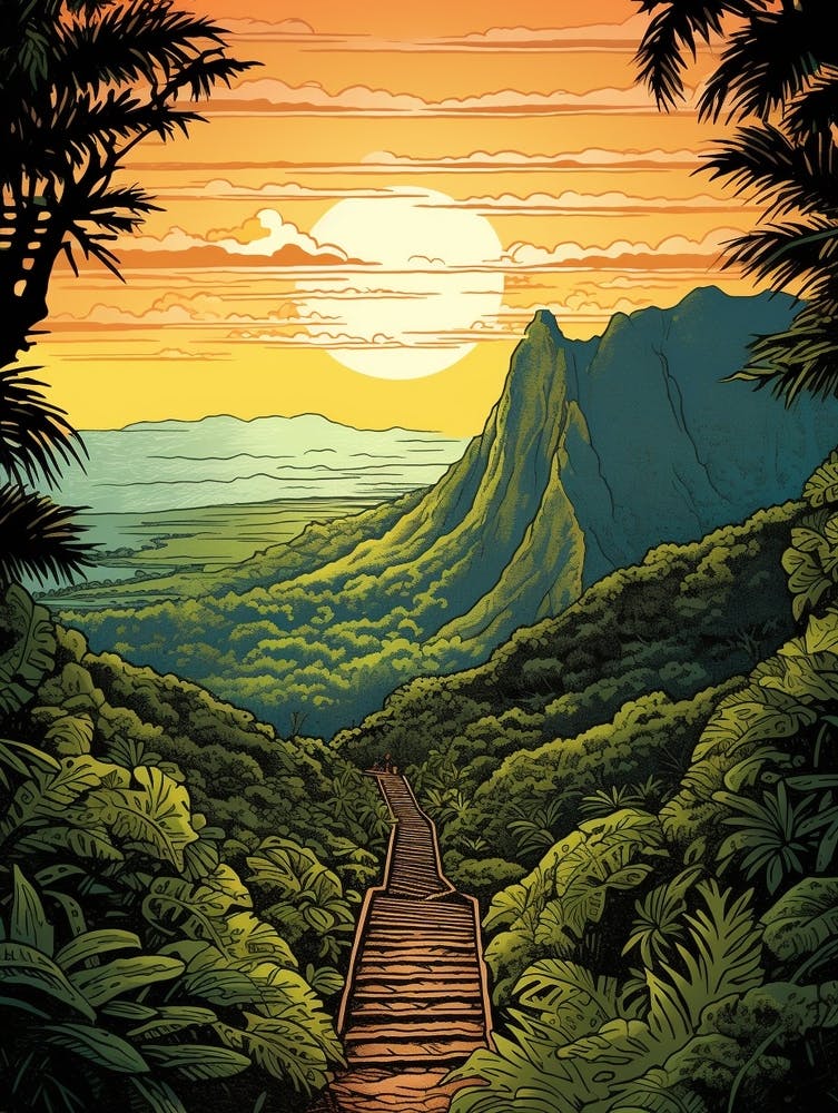 Haiku Stairs Hawaii Vintage Travel Illustration