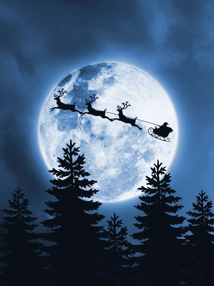Santa Claus Flying Over The Moon