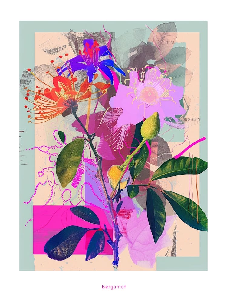 Bergamot 4 Neon Flower Collage Poster