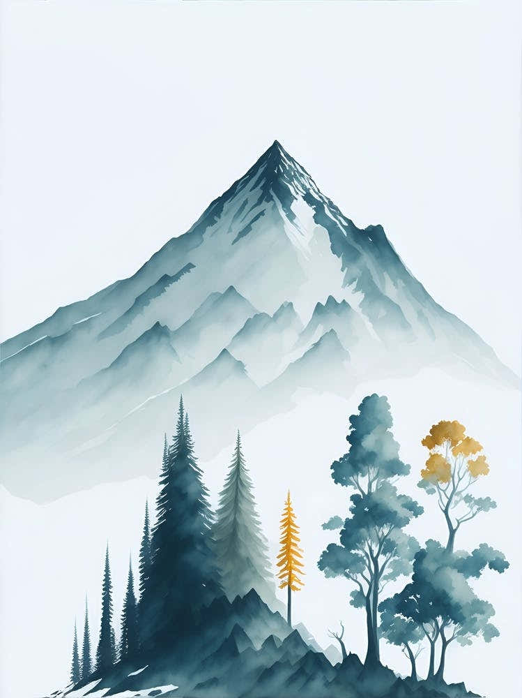 Mountain And Forest In Minimalist Watercolor Vertical Composition 39