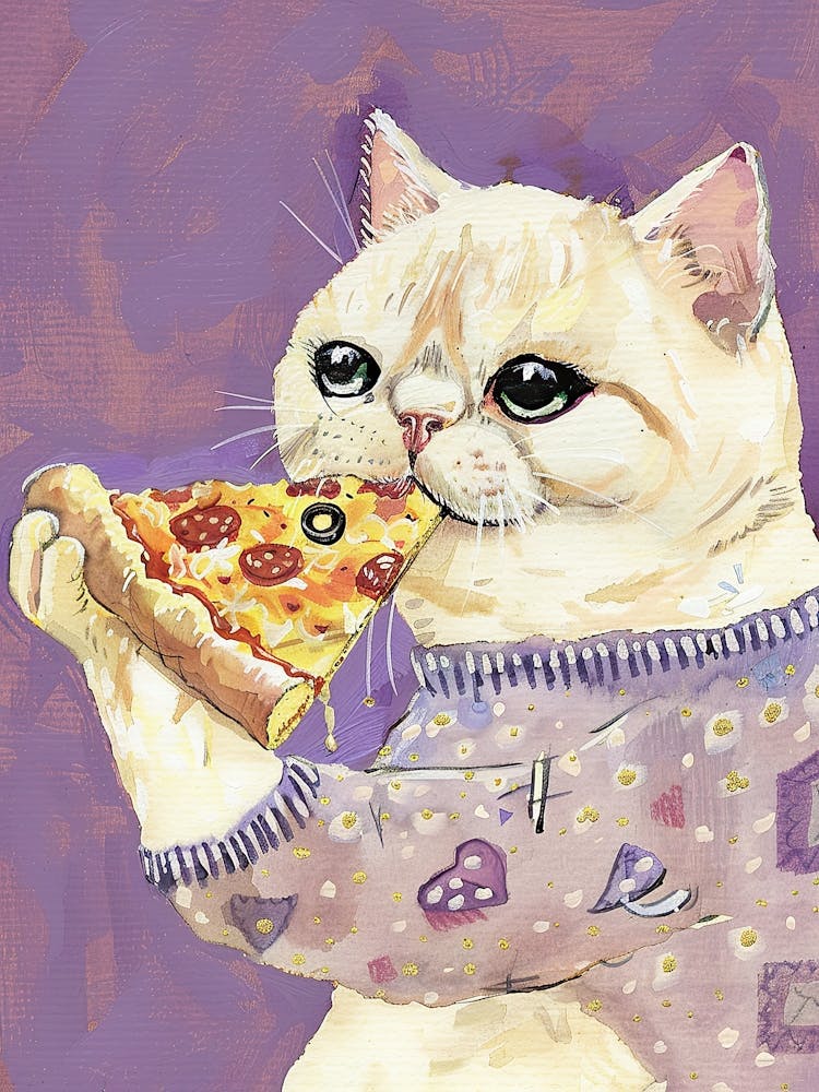 White Cat Pizza Lover Folk Illustration 2