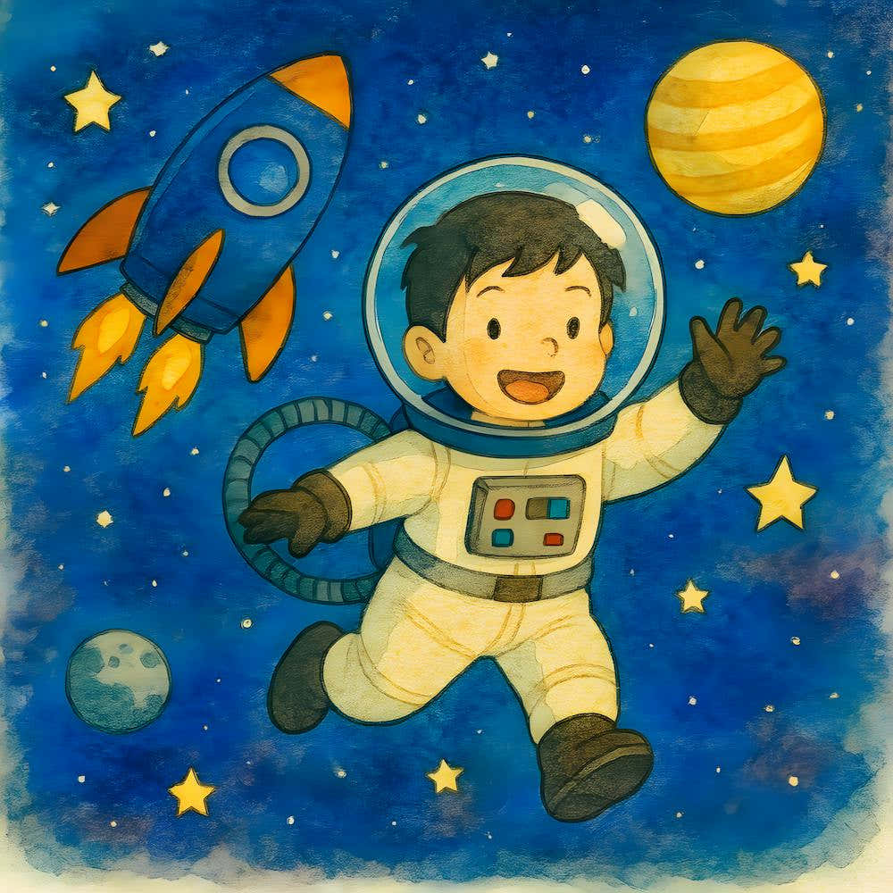 Ghibli Inspired Space Adventure Print – Whimsical Astronaut Boy Watercolor, Cute Rocket Ship Art, Outer Space Nursery Decor