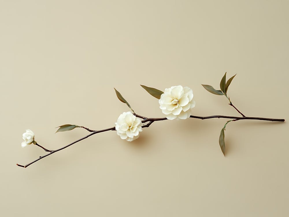 Three White Flowers On A Branch