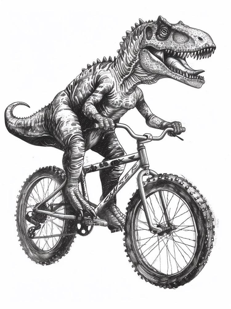 Dinosaur On A Bike Black Ink Illustration 2
