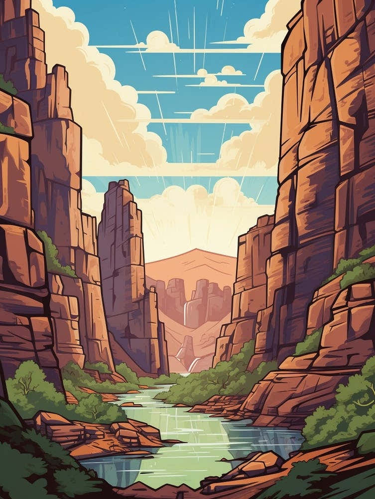 Zion Narrows Usa 2 Vintage Travel Illustration