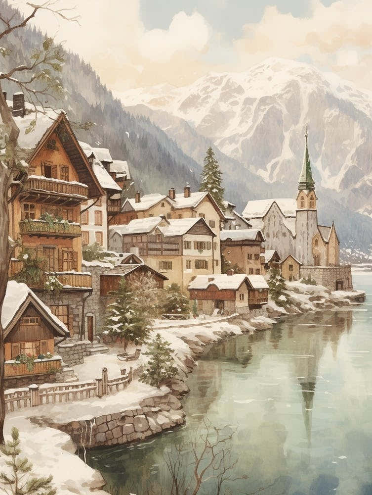 Vintage Winter Illustration Hallstatt Austria 4