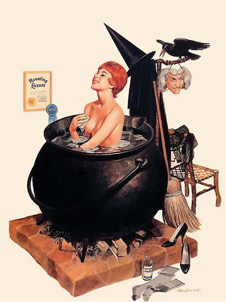 Pinup Witch Having A Bath In A Big Black Bowl