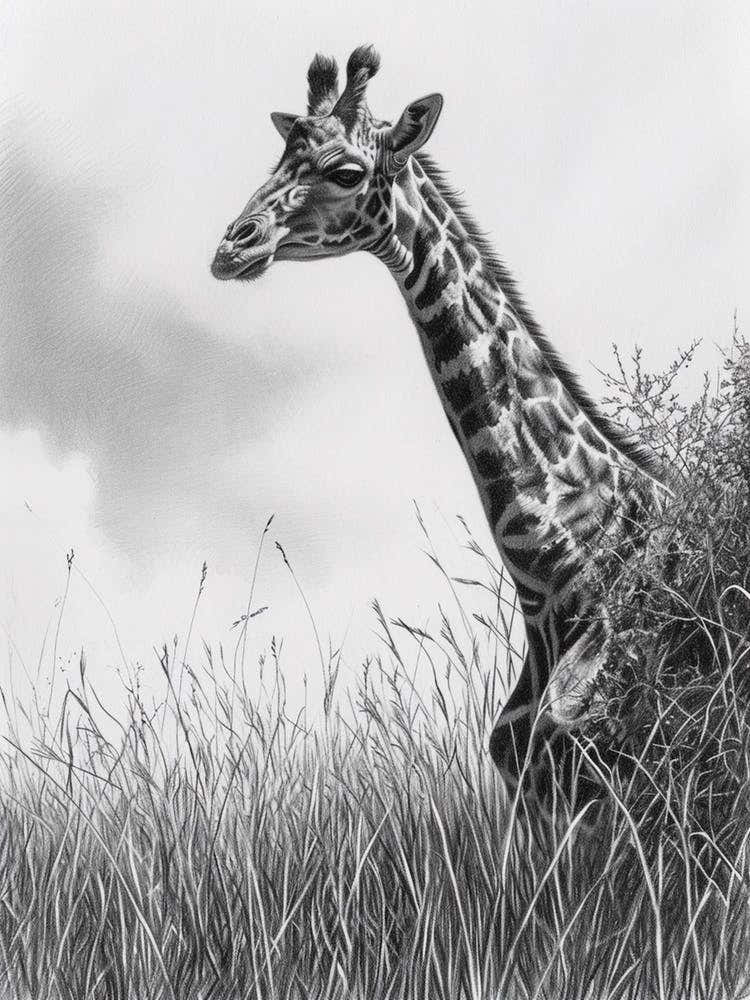 Giraffe In The Grass Pencil Drawing 7