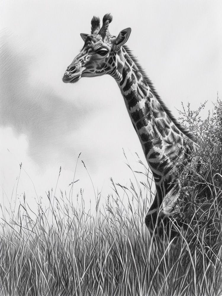 Giraffe In The Grass Pencil Drawing 7