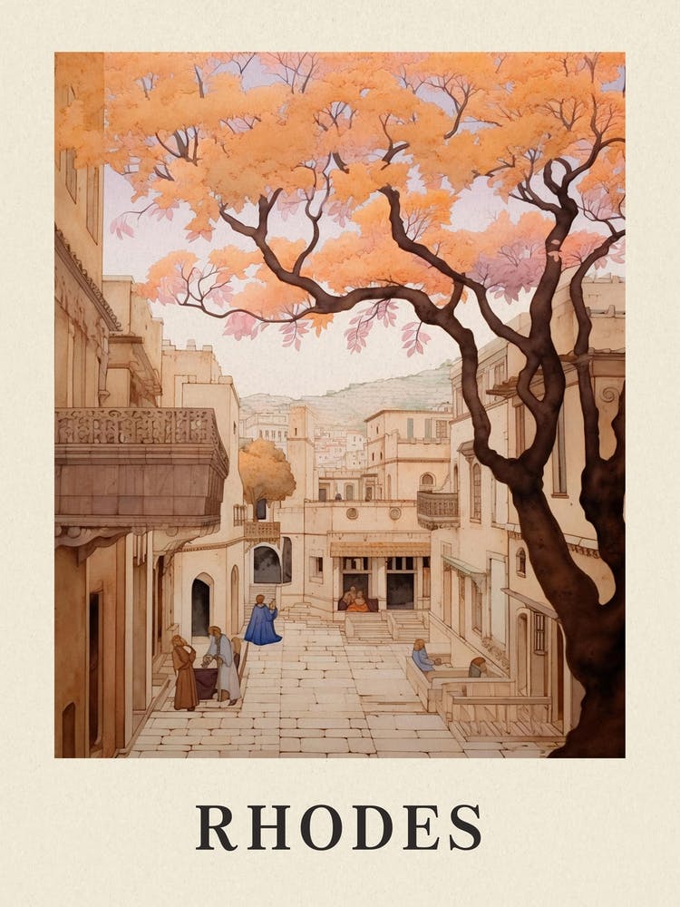 Rhodes Greece 1 Vintage Pink Travel Illustration Poster