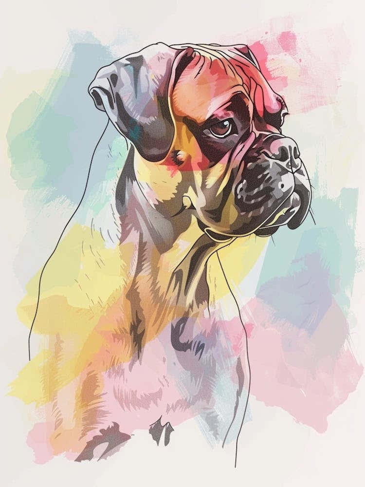 Boxer Dog Pastel Watercolour Line Drawing 2
