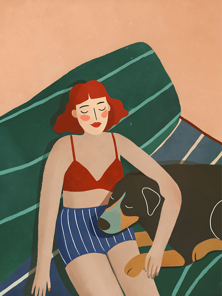 Woman Girl and Dog Chilling on Sofa Couch