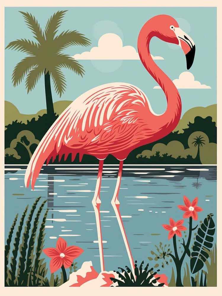 Vintage Bird Linocut Flamingo 6