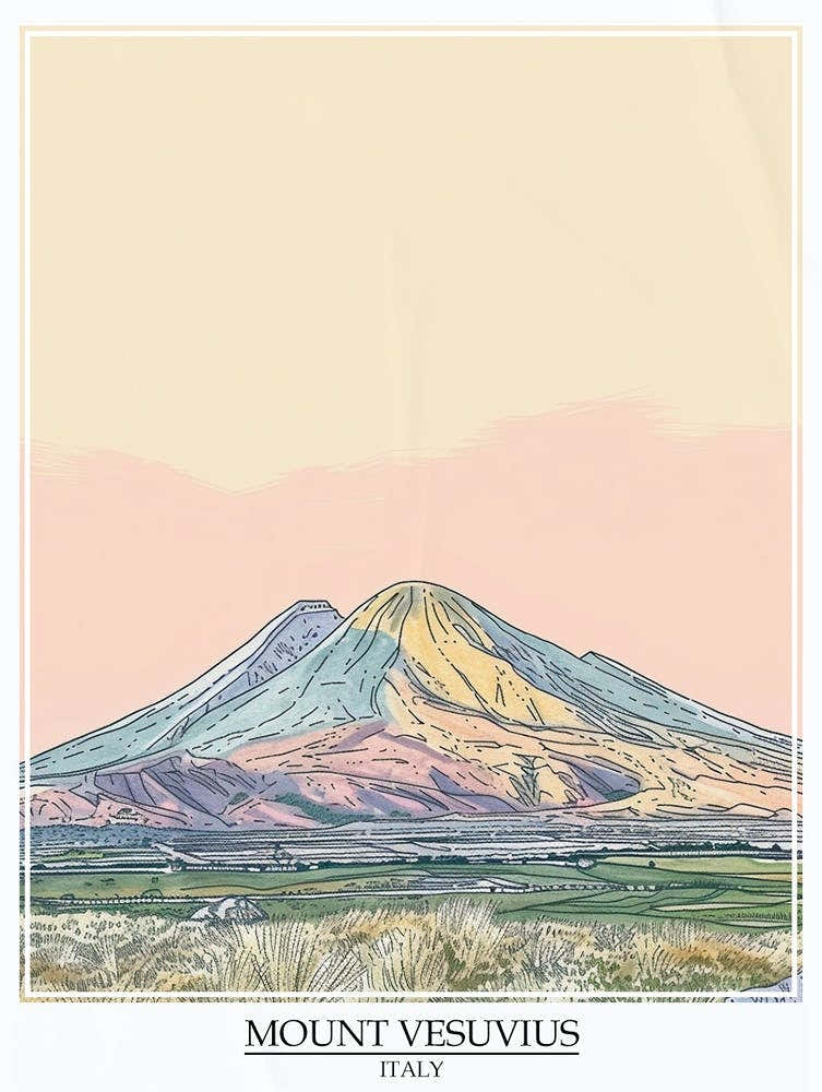 Mount Vesuvius Italy Color Line Drawing 6 Poster