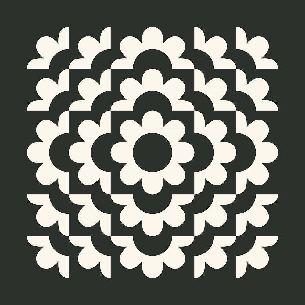 Midcentury Modern Abstract Geometric Flower Pattern Floral in black and beige 3