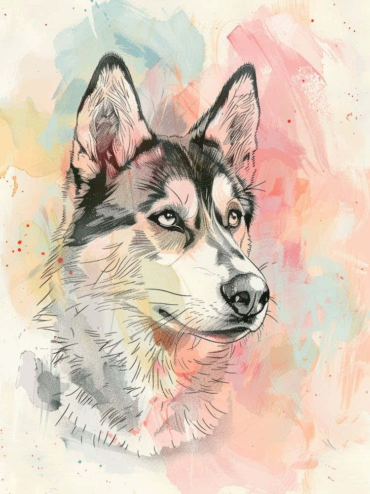 Husky Dog Pastel Line Watercolour Illustration  4