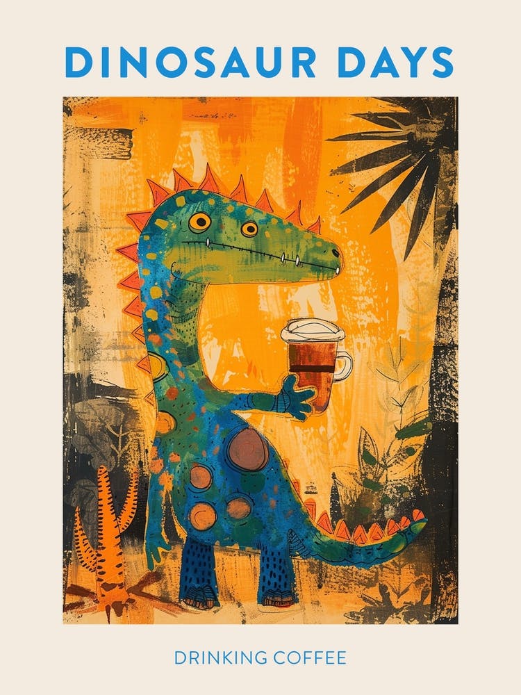 Dinosaur Drinking Coffee Blue Orange Poster 4