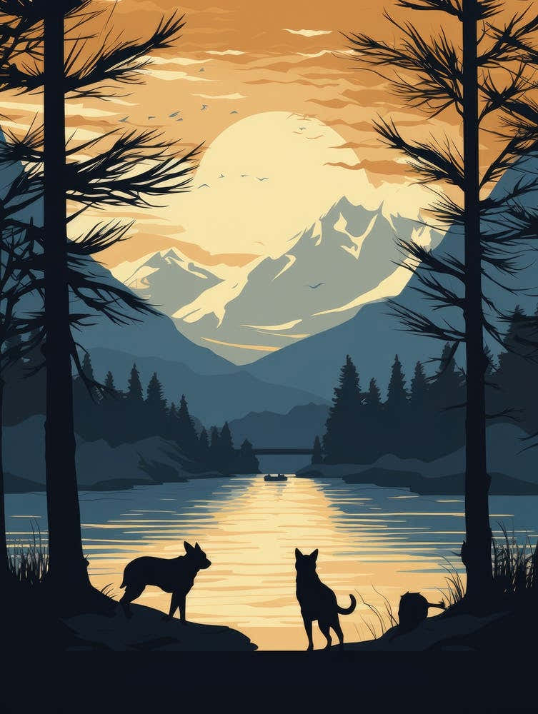 Sunset With Dogs By The Lake