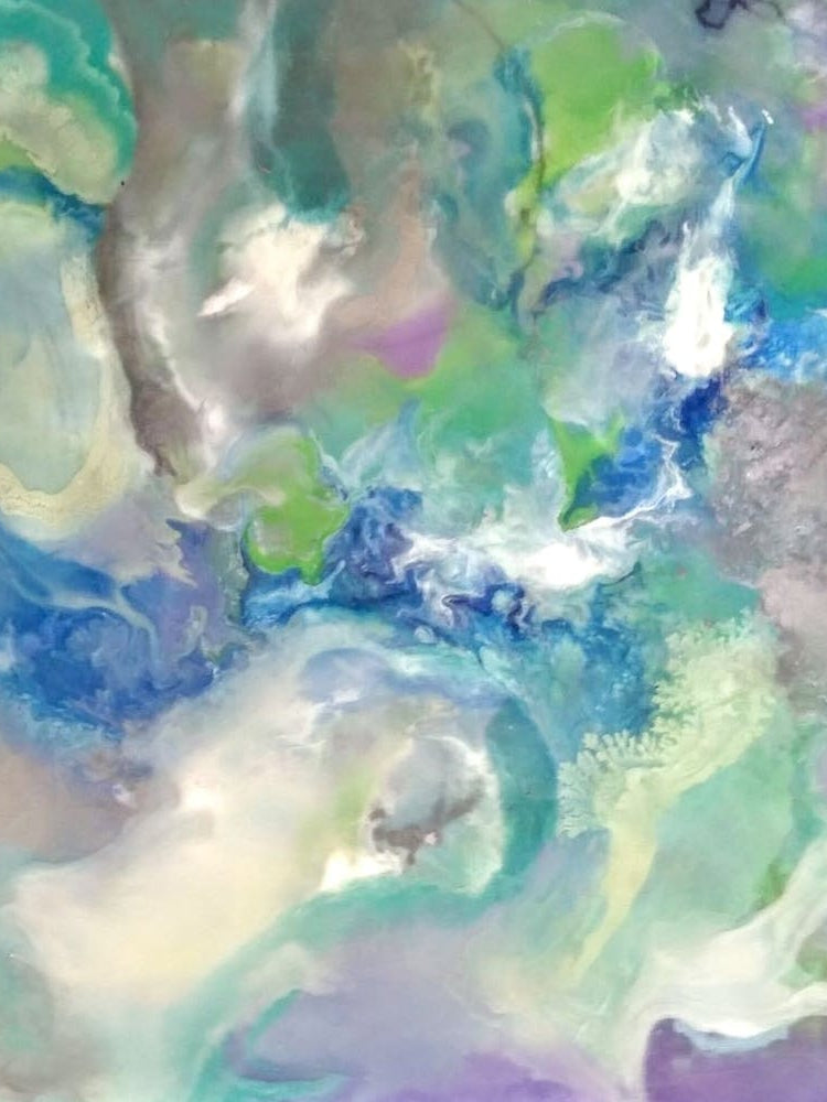 Soft Revenge - Artwork that features a beautiful and intricate blend of blue, grey, green, and purple fading colours. The piece exudes a sense of calmness and tranquillity, inviting the viewer to get lost in its subtle nuances and delicate details.