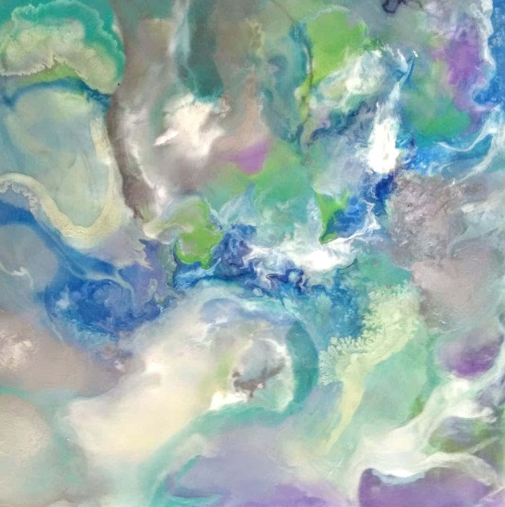 Soft Revenge - Artwork that features a beautiful and intricate blend of blue, grey, green, and purple fading colours. The piece exudes a sense of calmness and tranquillity, inviting the viewer to get lost in its subtle nuances and delicate details.