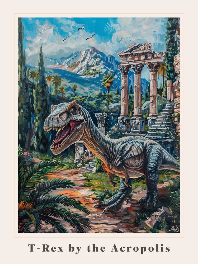 T Rex By The Acropolis Painting Poster