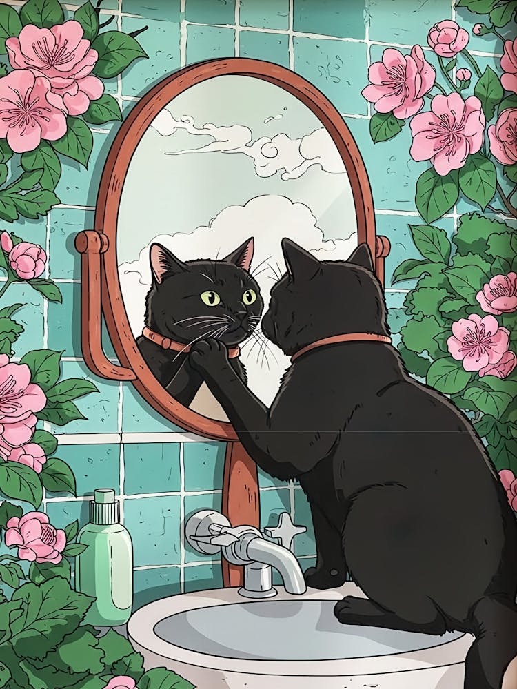 Bathroom Black Cat In Mirror Print, Funny Japanese Cat Bathroom Poster, Japanese Art, Cherry Blossom, Japandi Wall Art, Cat Lovers Wall Art