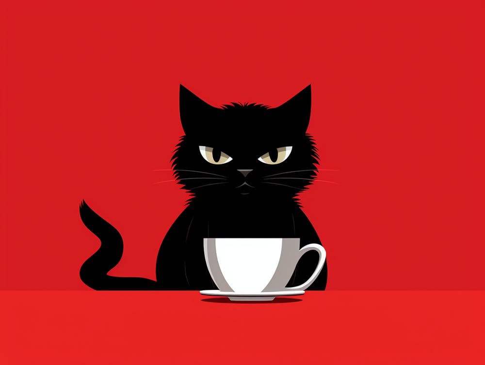 Black Cat With A Cup Of Coffee