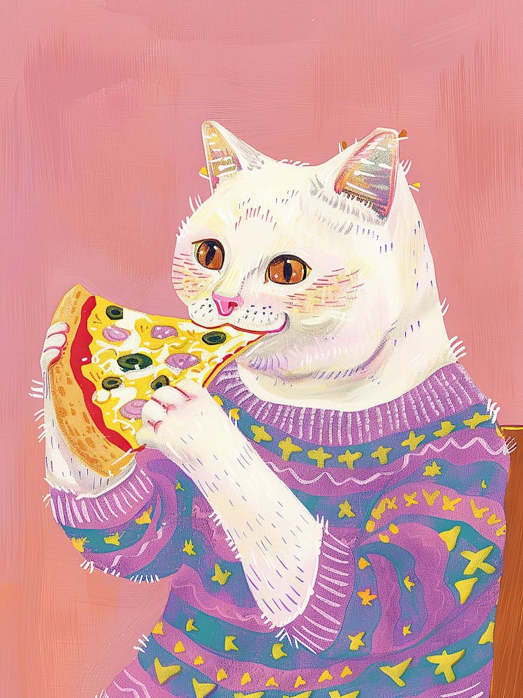 Cute White Cat Eating Pizza Folk Illustration 2