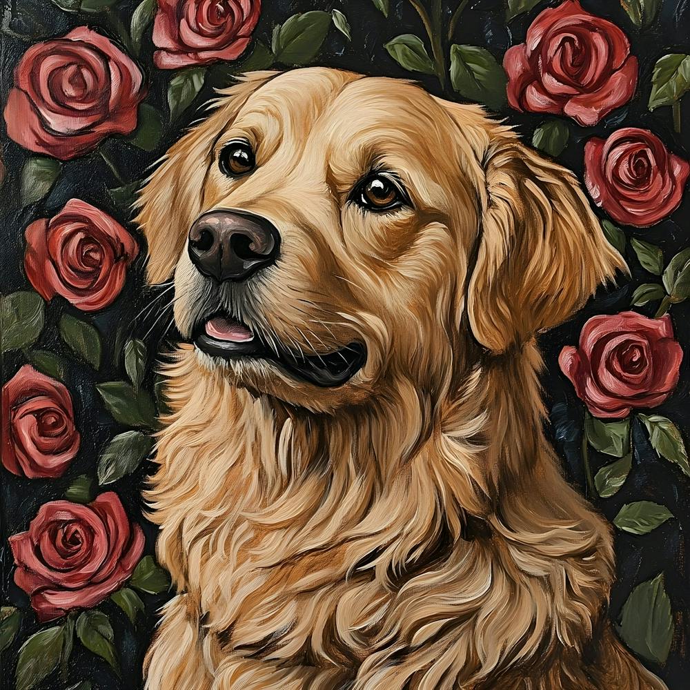 Golden Retriever And Roses 2