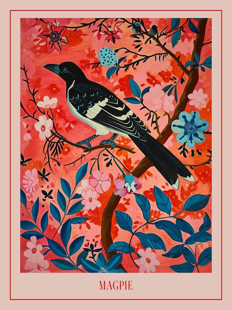 Floral Animal Painting Magpie 3 Poster