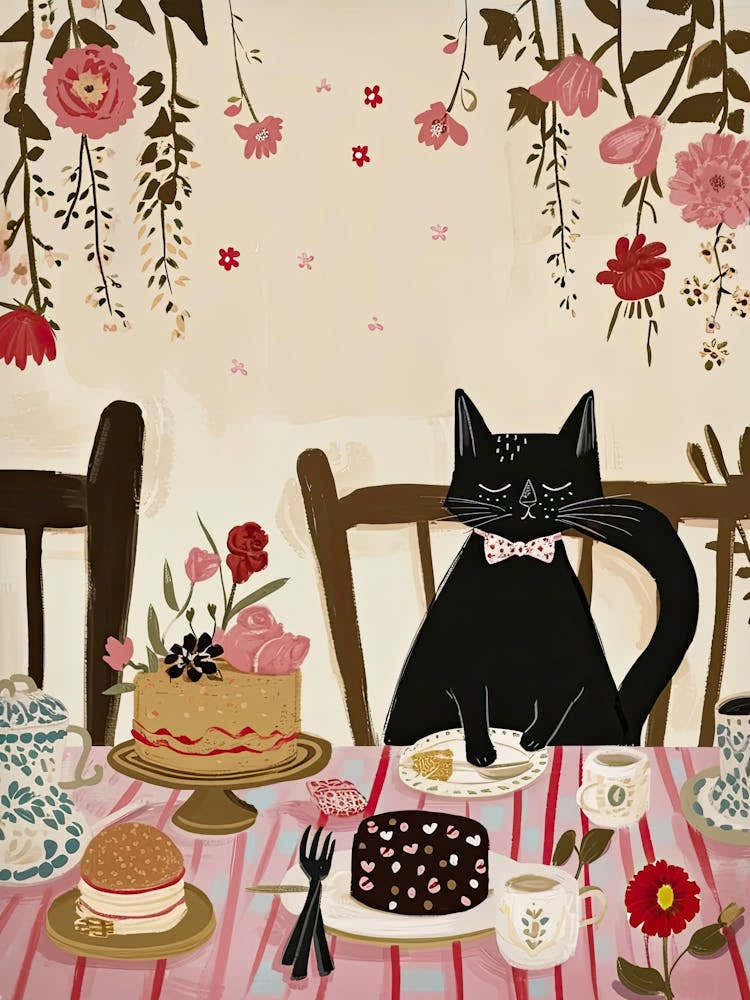 Black Cat Birthday With Cakes And Flower Painting Cat Kitchen Print Cat Lover Gift Cute Cat Print Kitchen