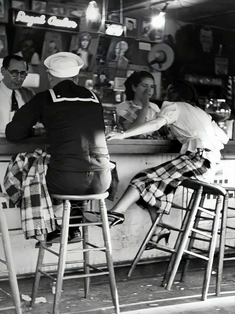 Woman And Sailor At Bar Wall Art, Black And White Print, Vintage Photography, Alcohol Poster, Bar Cart Print, Retro Wall Decor