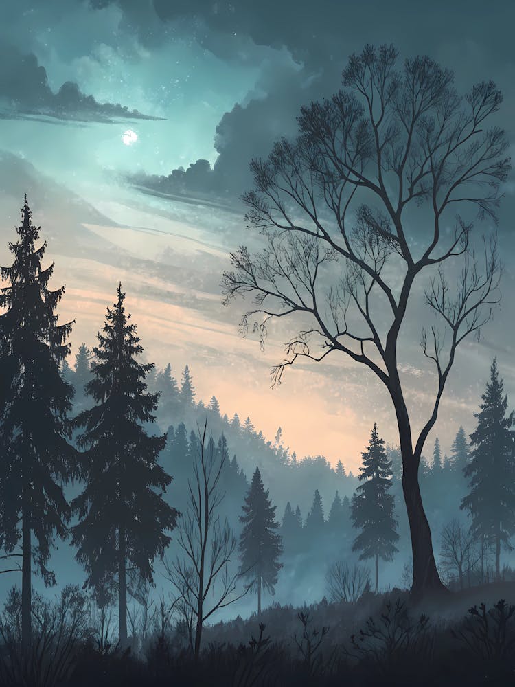 Oil Painting Style Desaturated Sky Above Dark