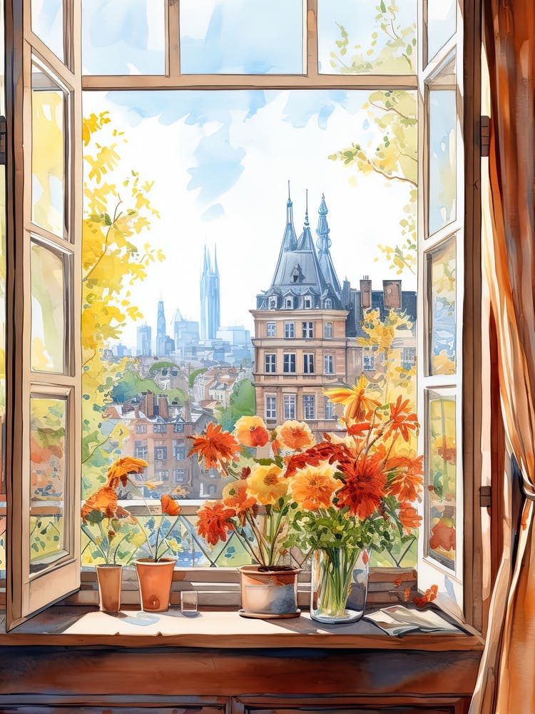 Window View Of Frankfurt Germany In Autumn Fall, Watercolour 2