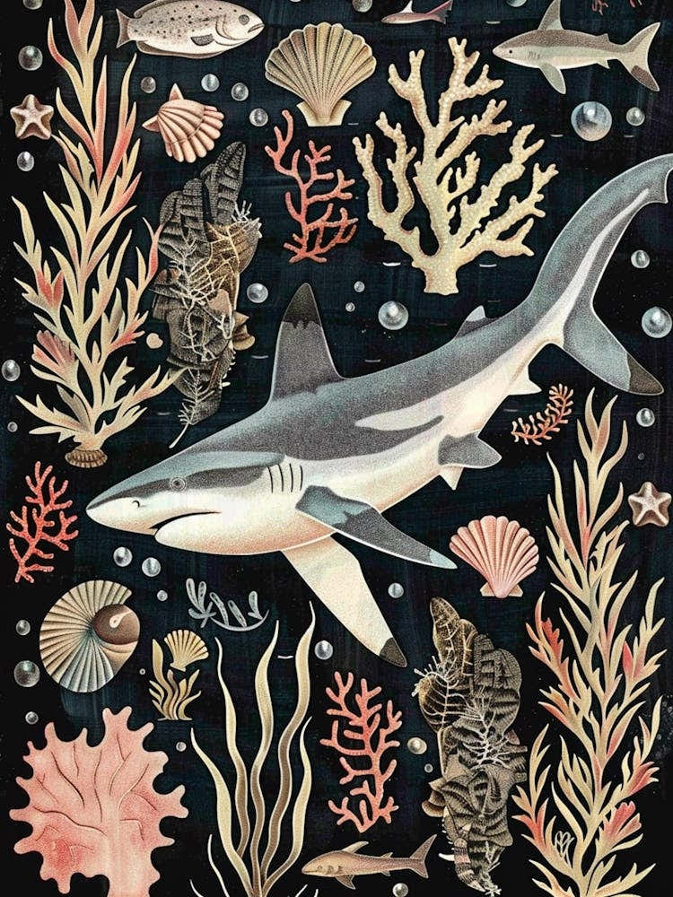 Blacktip Reef Shark Seascape Black Background Illustration 3
