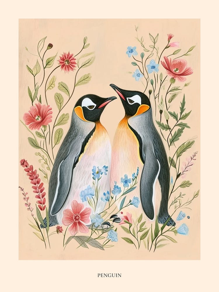 Folksy Floral Animal Drawing Penguin Poster