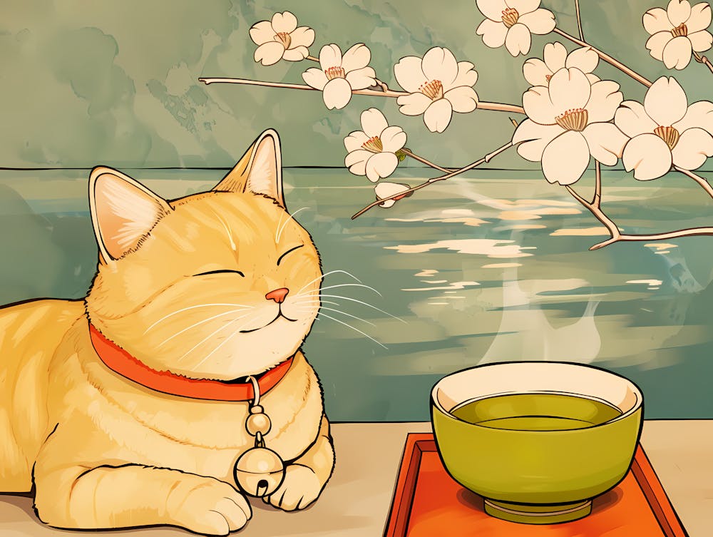 Yellow Cat, Green Tea And Sakura